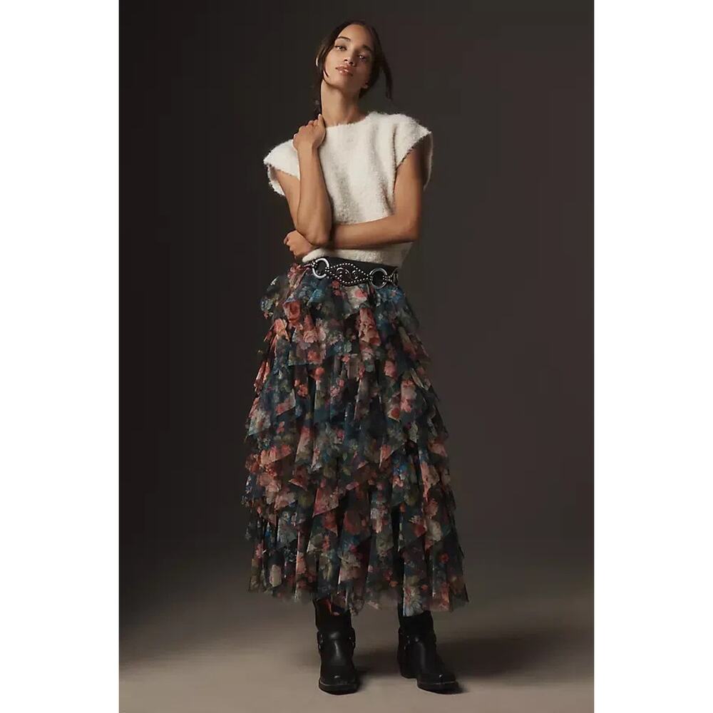 Anthropologie Chéri Ruffled Tulle Midi Skirt Floral Print NWT Small